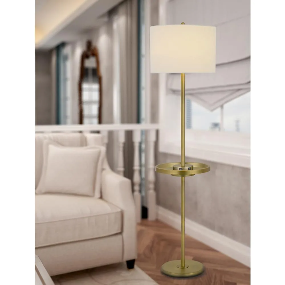 150W 3 way Crofton metal floor lamp with centered metal tray table with 2 USB charging ports and weighted metal base, Antique Brass