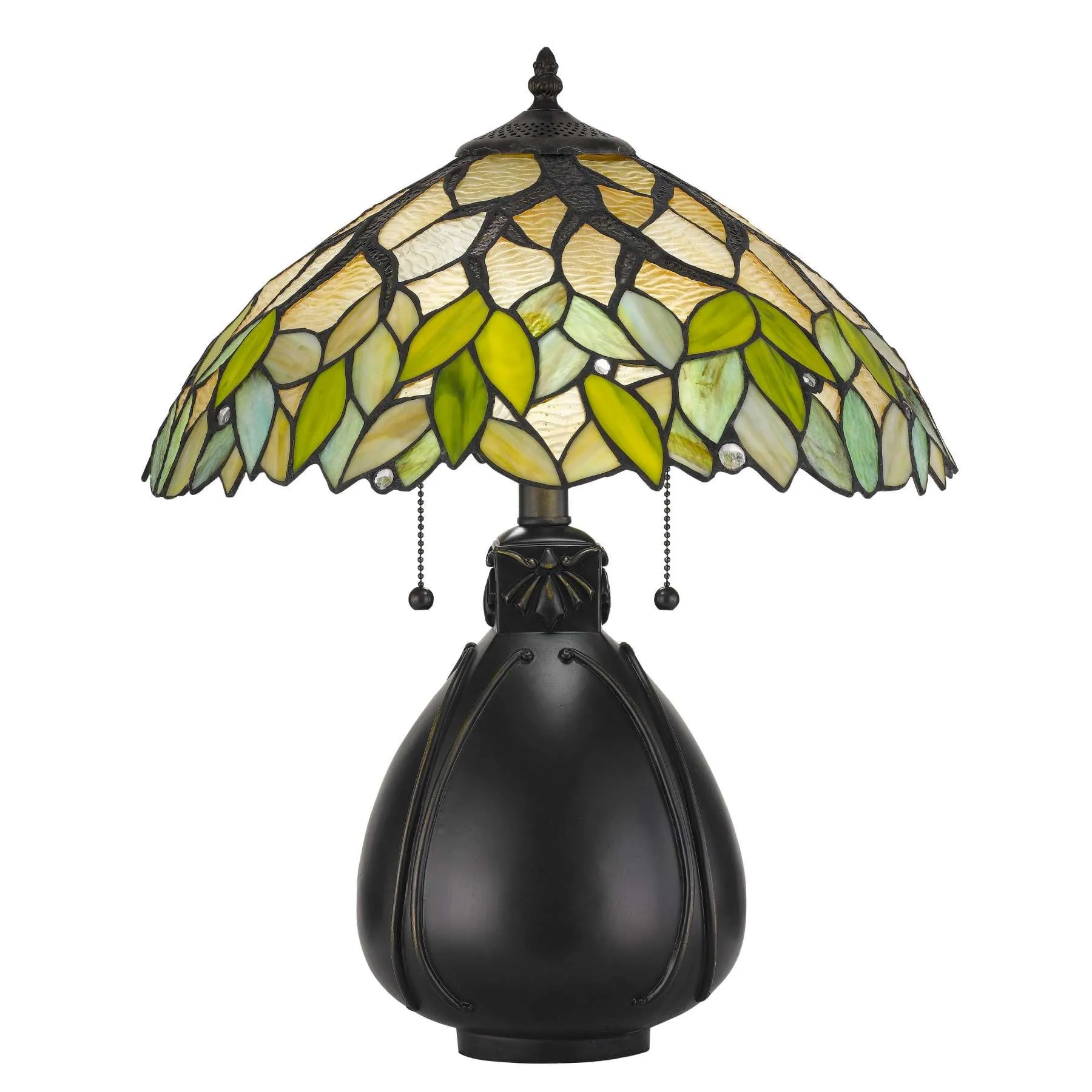 2 Bulb Tiffany Table Lamp With Leaf Design Glass Shade, Multicolor By Benzara