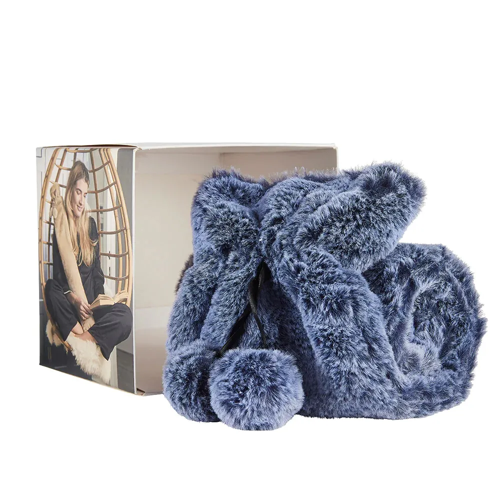 2 Litre Long Hot Water Bottle with Marshmallow Blue Faux Fur Cover