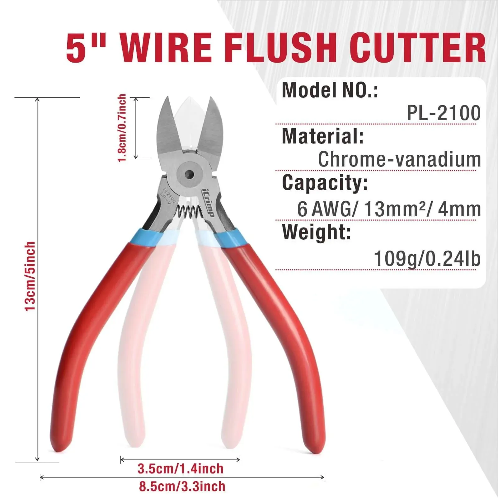 5 Inch Diagonal Flush Cutter with Pointed Nose for Reeled Terminals, Soft Wires, Electronics,  Zip Tes