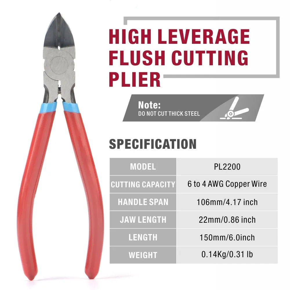 5 Inch Diagonal Flush Cutter with Pointed Nose for Reeled Terminals, Soft Wires, Electronics,  Zip Tes