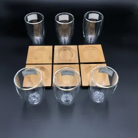 A Set Of 6 Bamboo Coaters/ Trays With 6 Doublewalled Thermo Glasses To Match