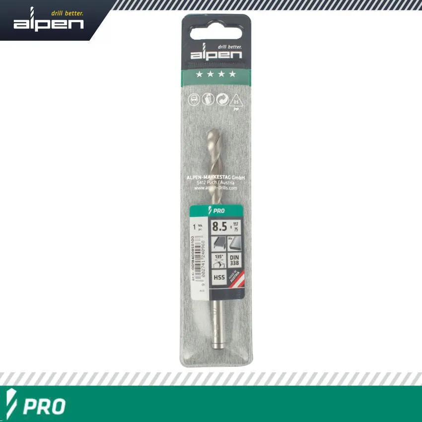 ALPEN ALPEN PRO HSS 8.5MM DRILL DIN 338 RN 135 SPLIT POINT PLASTIC WALLET ALP1840085