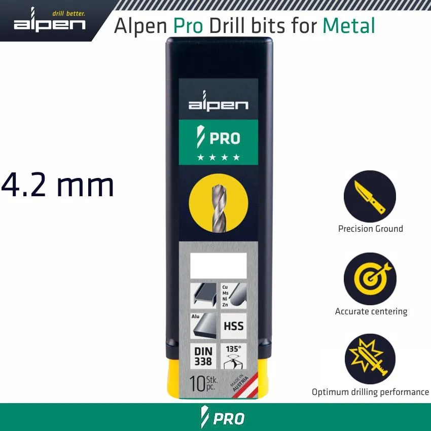 ALPEN ALPEN PRO HSS DRILL DIN 338 RN 135  WITH SPLIT POINT 4.2MM BULK ALP9540042