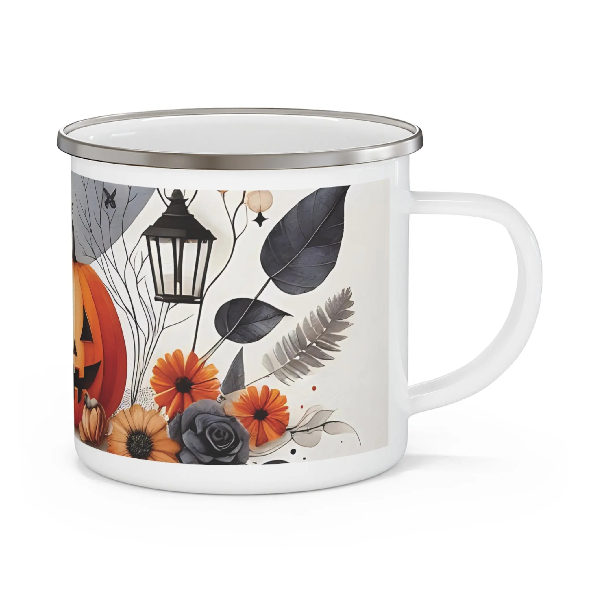 Autumn Halloween Enamel Camping Mug - Festive Pumpkin and Lantern Design