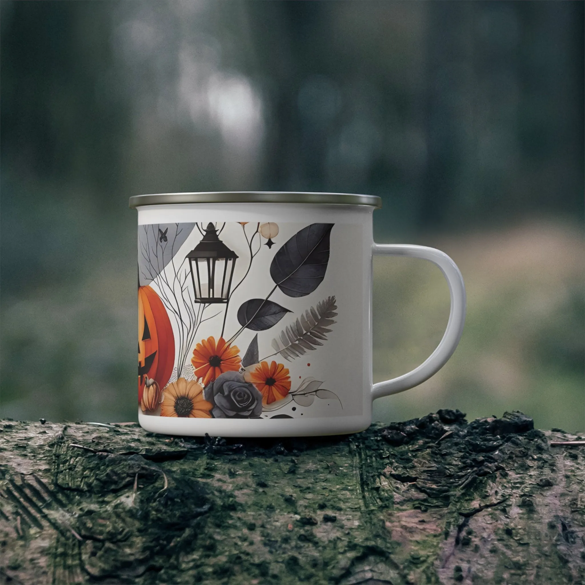 Autumn Halloween Enamel Camping Mug - Festive Pumpkin and Lantern Design