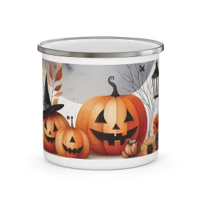 Autumn Halloween Enamel Camping Mug - Festive Pumpkin and Lantern Design