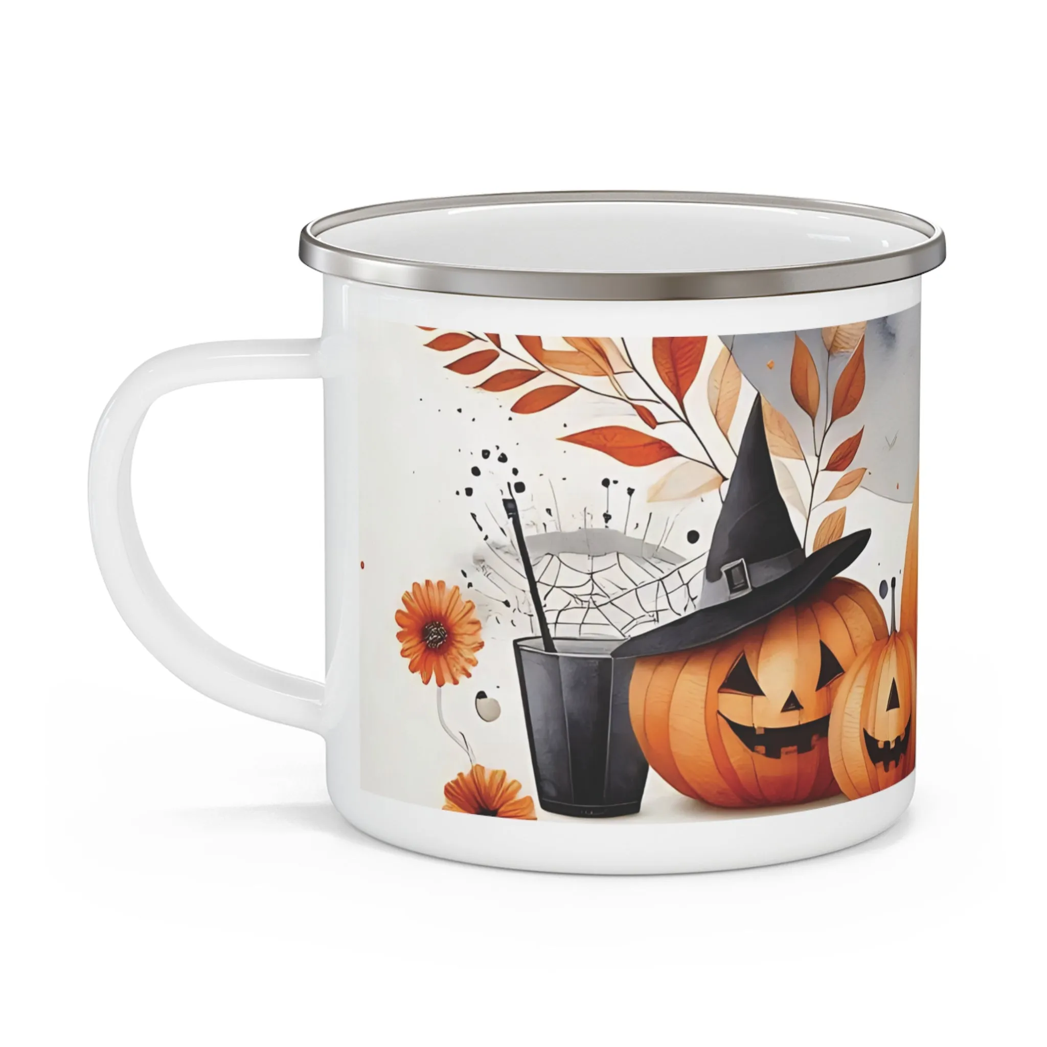 Autumn Halloween Enamel Camping Mug - Festive Pumpkin and Lantern Design