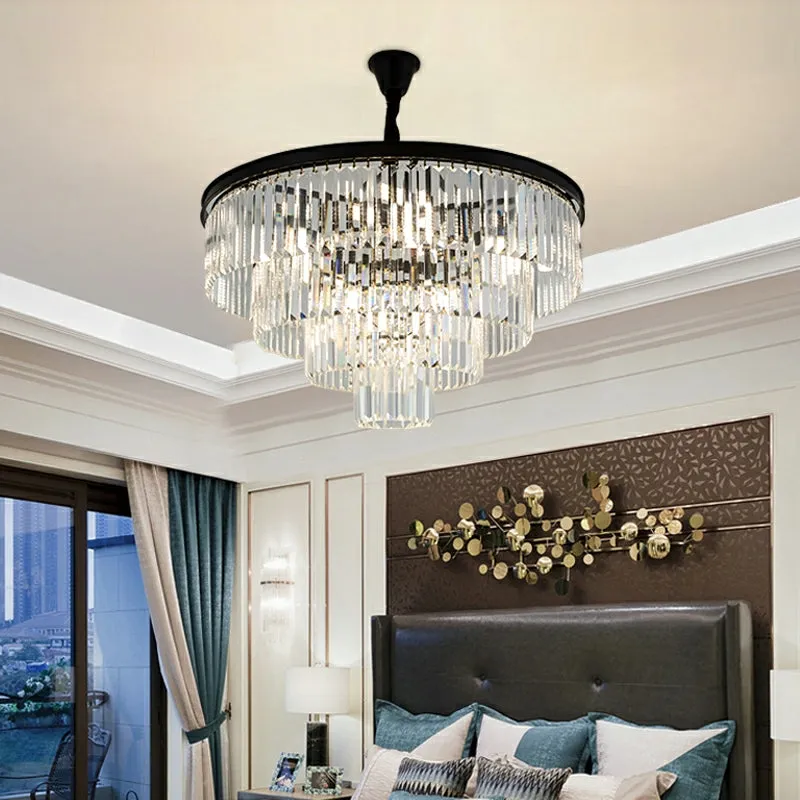 Black/ Gold Finish Iron Cake Tiered Shape Crystal Chandelier Round Living Room Ceiling Light Fixture