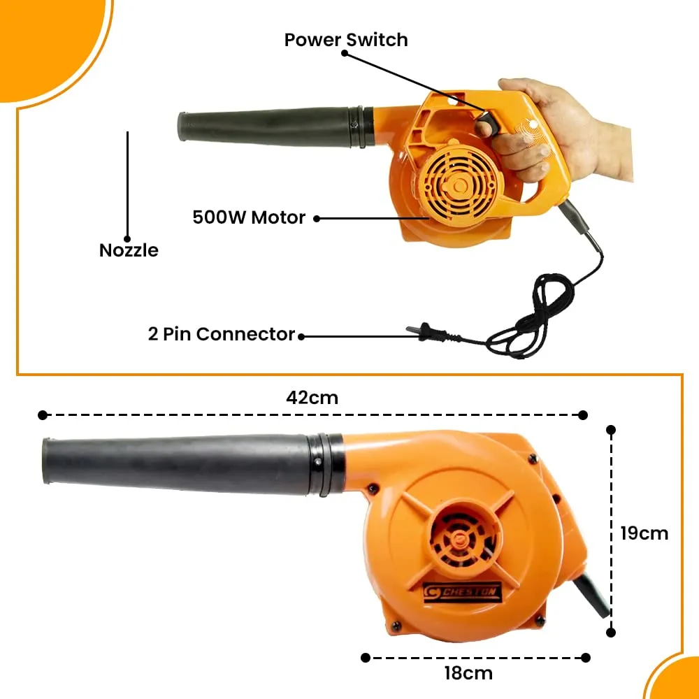 Cheston 500W Air Blower for Home | 13000 r/min | Machine for Cleaning Dust | Copper Wiring I Electric Blower and Vacuum Cleaner 2 in 1 for Home & Office I Durable