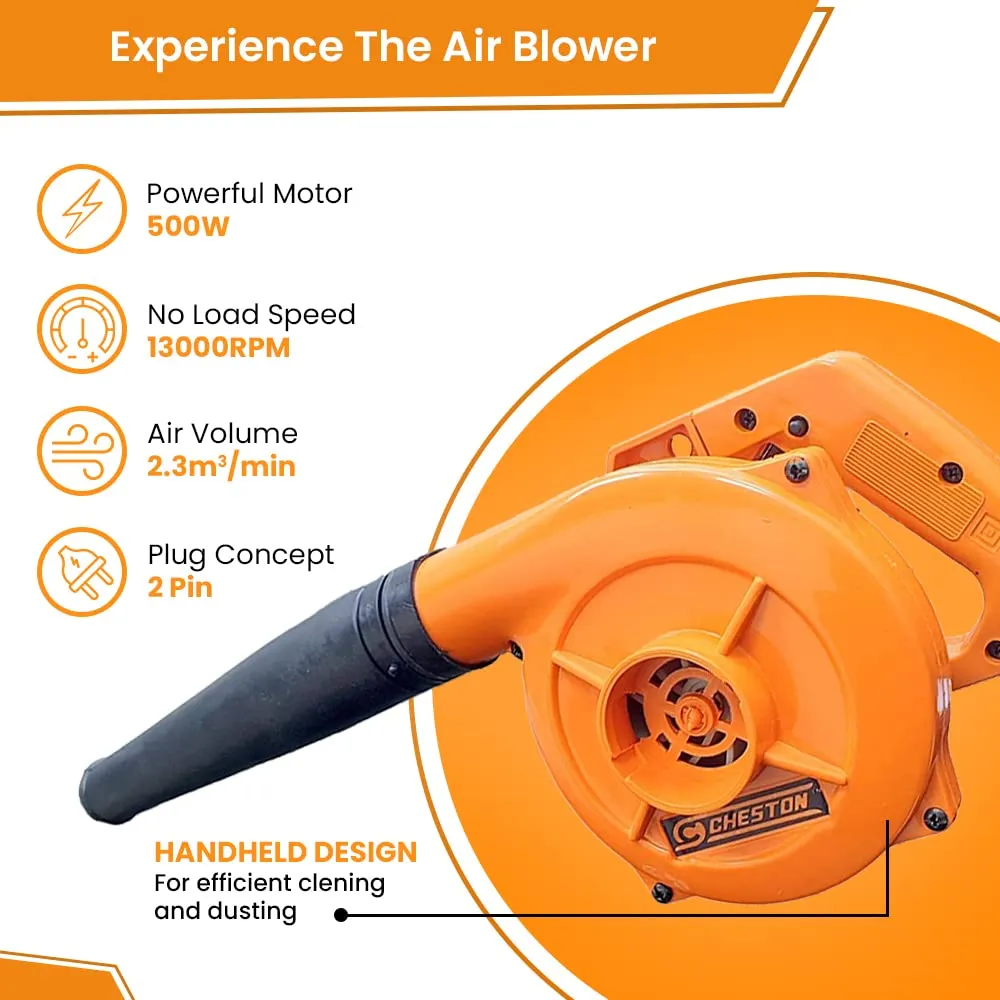 Cheston 500W Air Blower for Home | 13000 r/min | Machine for Cleaning Dust | Copper Wiring I Electric Blower and Vacuum Cleaner 2 in 1 for Home & Office I Durable