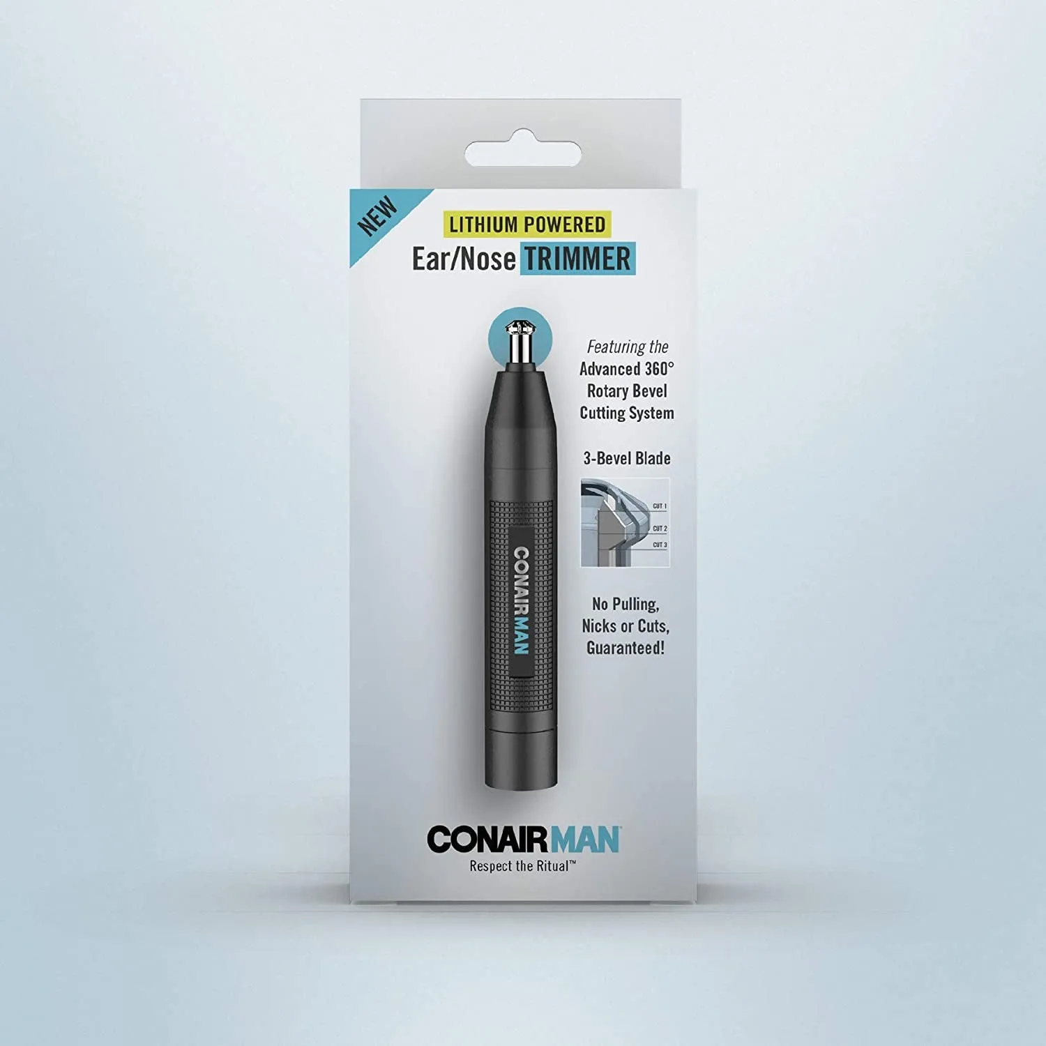 Conairman Nose Hair Trimmer for Men, for Nose, Ear, and Eyebrows, Patent 360 Bevel Blade for No Pull, No Snag Trimming Experience, Cordless Lithium-Powered Trimmer with Drawstring Bag