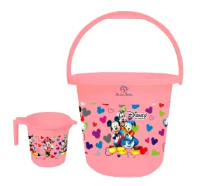 Heart Home Disney Team Mickey Print 2 Pieces Unbreakable Virgin Plastic Bathroom Bucket with Mug Set- Pink, (1 Pc 16 LTR Bucket & 1 Pc 500 ML Mug) -HS_35_HEARTHS17482