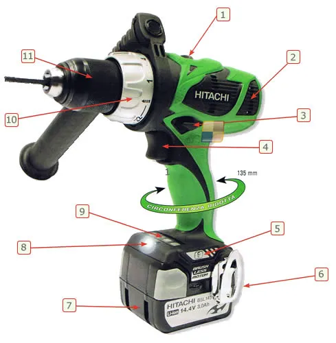 HITACHI Cordless Impact Driver Drill 1.5 - 13mm (1/16 -
1/2") Keyless