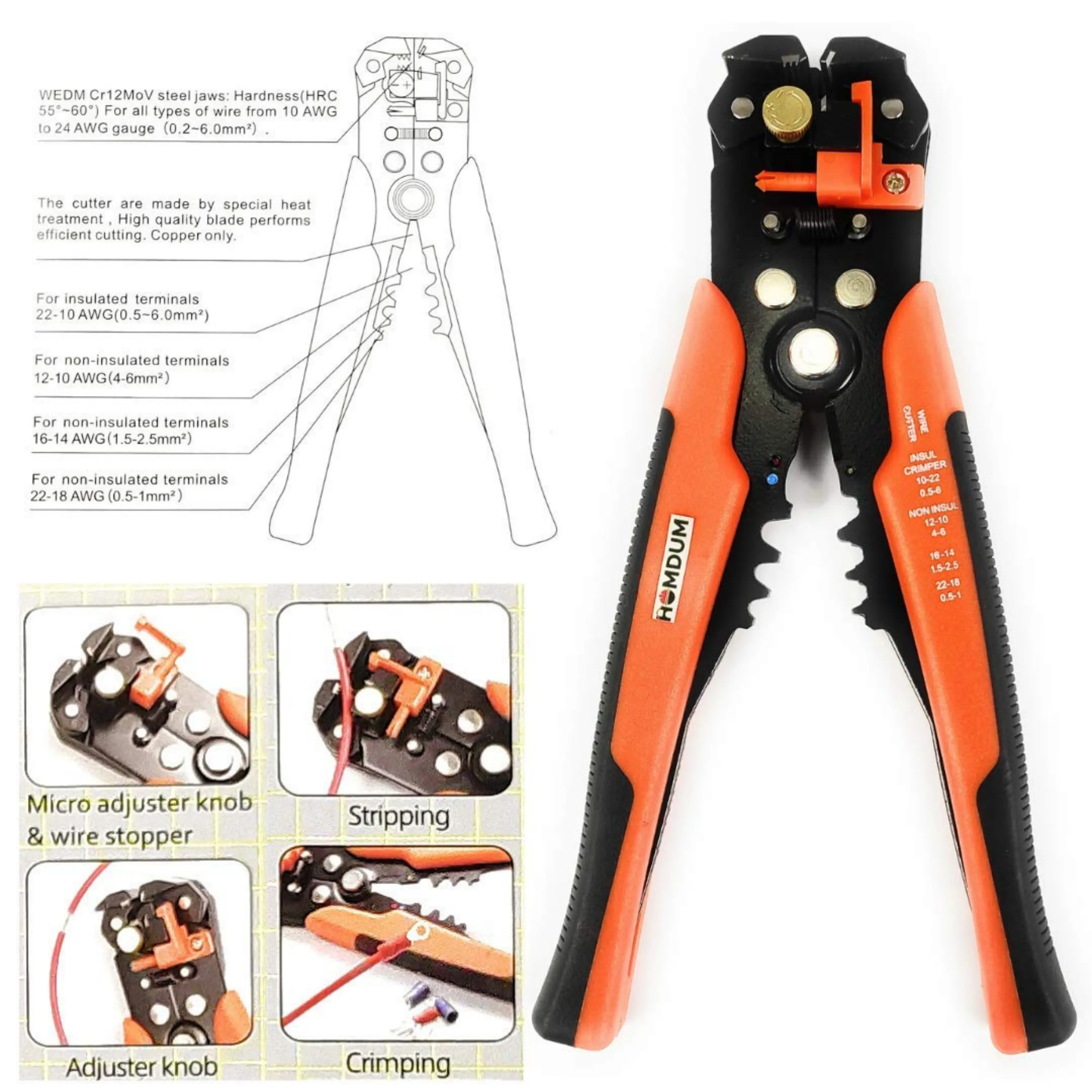 Homdum Automatic Wire Stripper and Multifunction Crimper Pliers Cable Cutter Professional Quality High Precision Tool with Double spring.