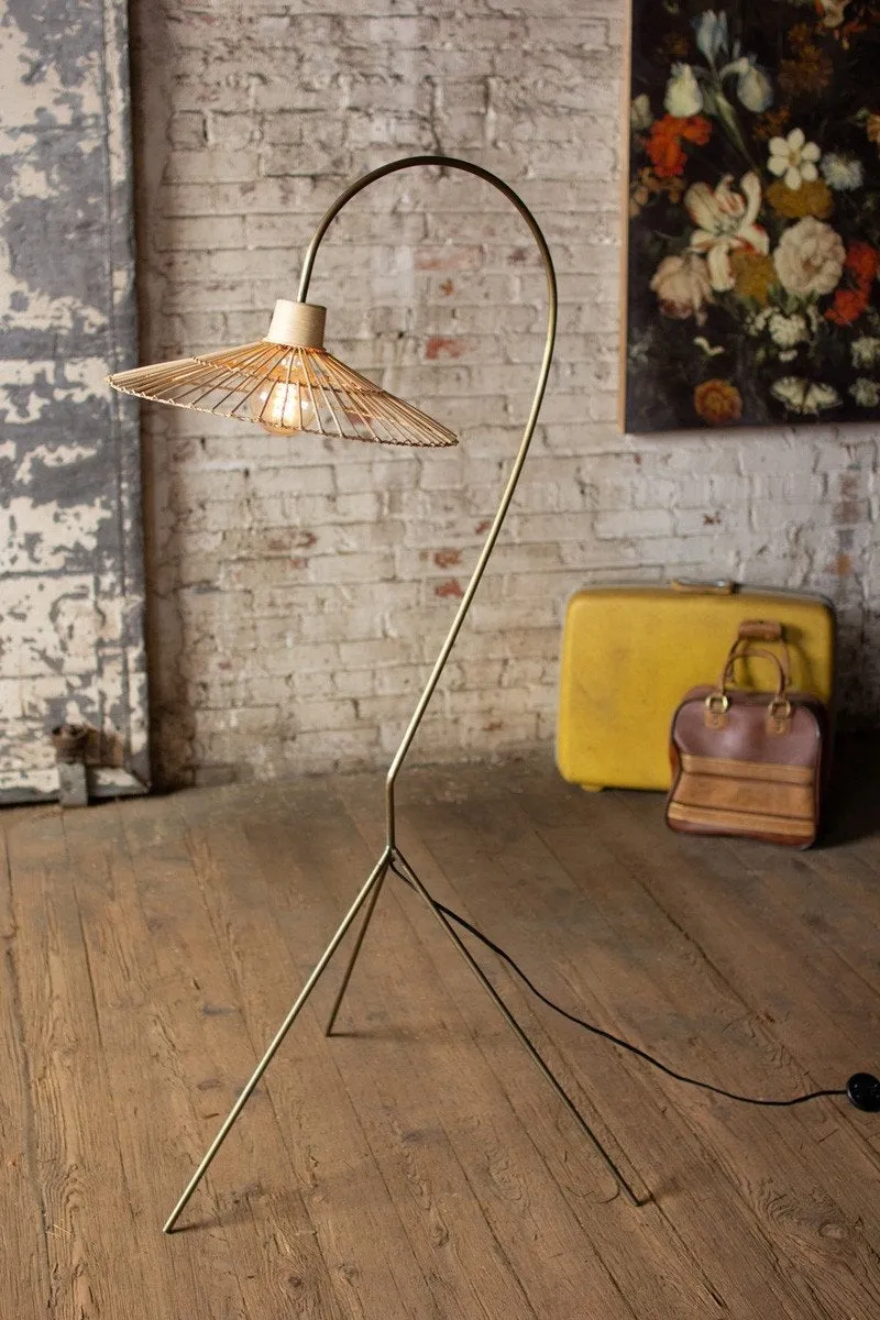 Kalalou Antique Brass Finish Floor Lamp With Rattan Umbrella Shade