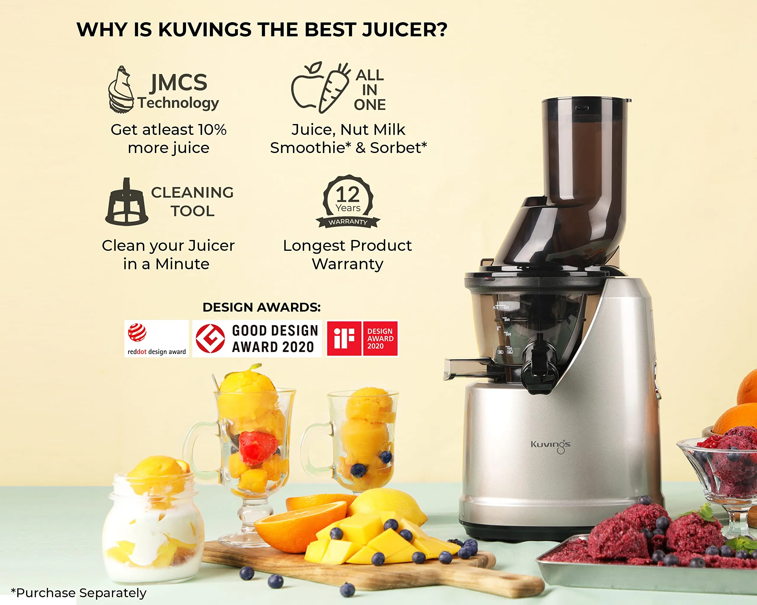 Kuvings B1700 Dark Silver Professional Cold Press Whole Slow Juicer, Patented JMCS Technology for 10% More Juice, All-in-1 Fruit & Vegetable Juicer,12 Years warranty,Home Service Across India (Dark Silver Juicer)