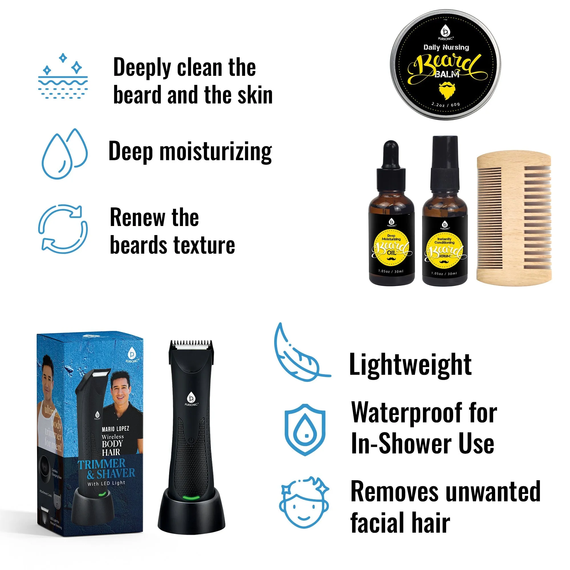 Mario Lopez Wireless Body Hair Trimmer & Shaver and Beard Care Grooming Kit Bundle