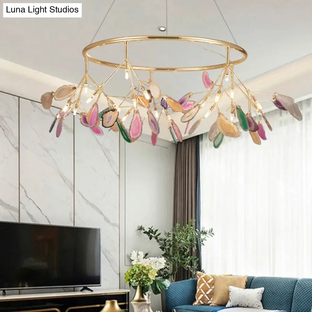 Modern Leaf Agate Pendant Chandelier - LED Gold Hanging Light for Living Room