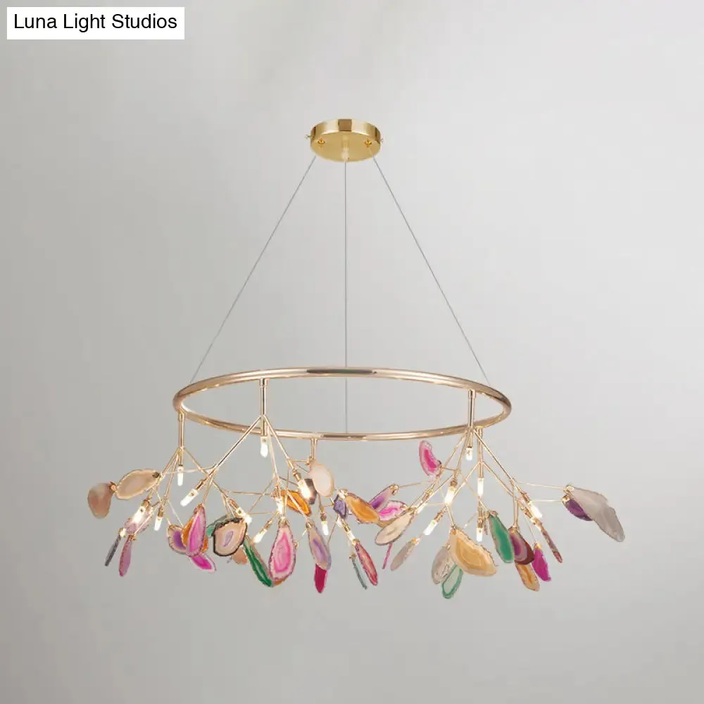 Modern Leaf Agate Pendant Chandelier - LED Gold Hanging Light for Living Room