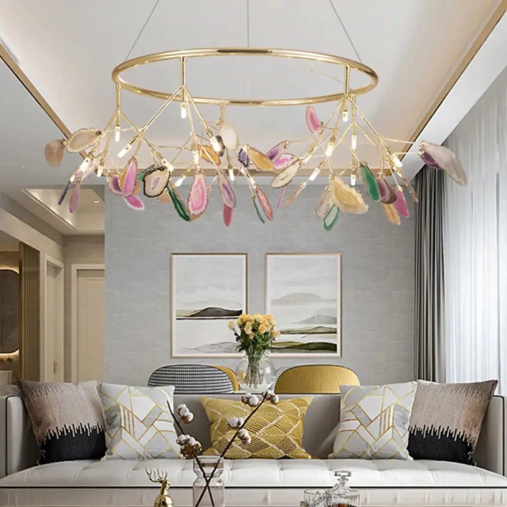 Modern Leaf Agate Pendant Chandelier - LED Gold Hanging Light for Living Room