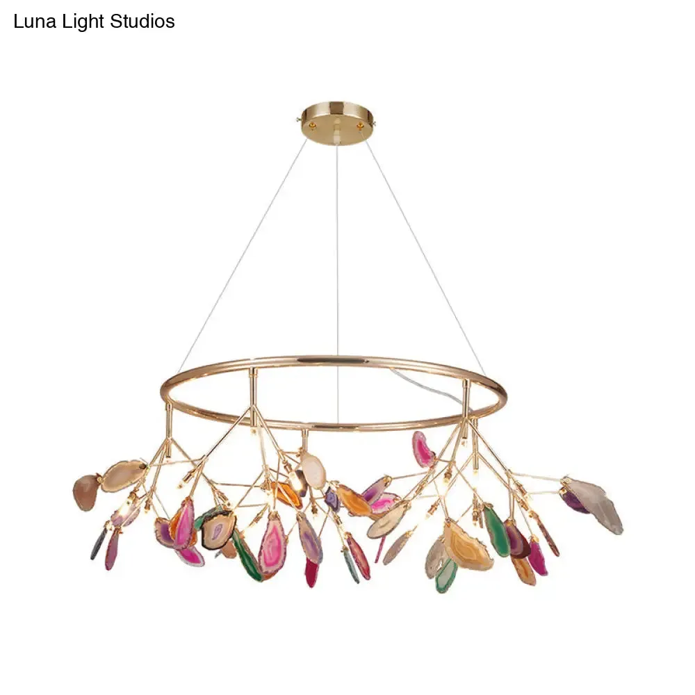 Modern Leaf Agate Pendant Chandelier - LED Gold Hanging Light for Living Room