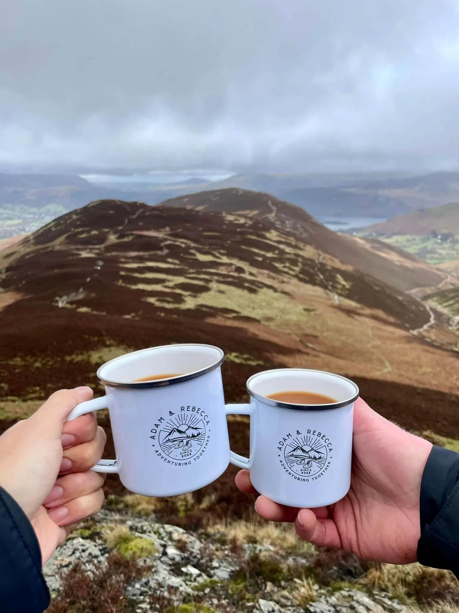 Personalised 'Adventuring Together' Mug, 13 oz Metal Enamel Mug - Walking Boots