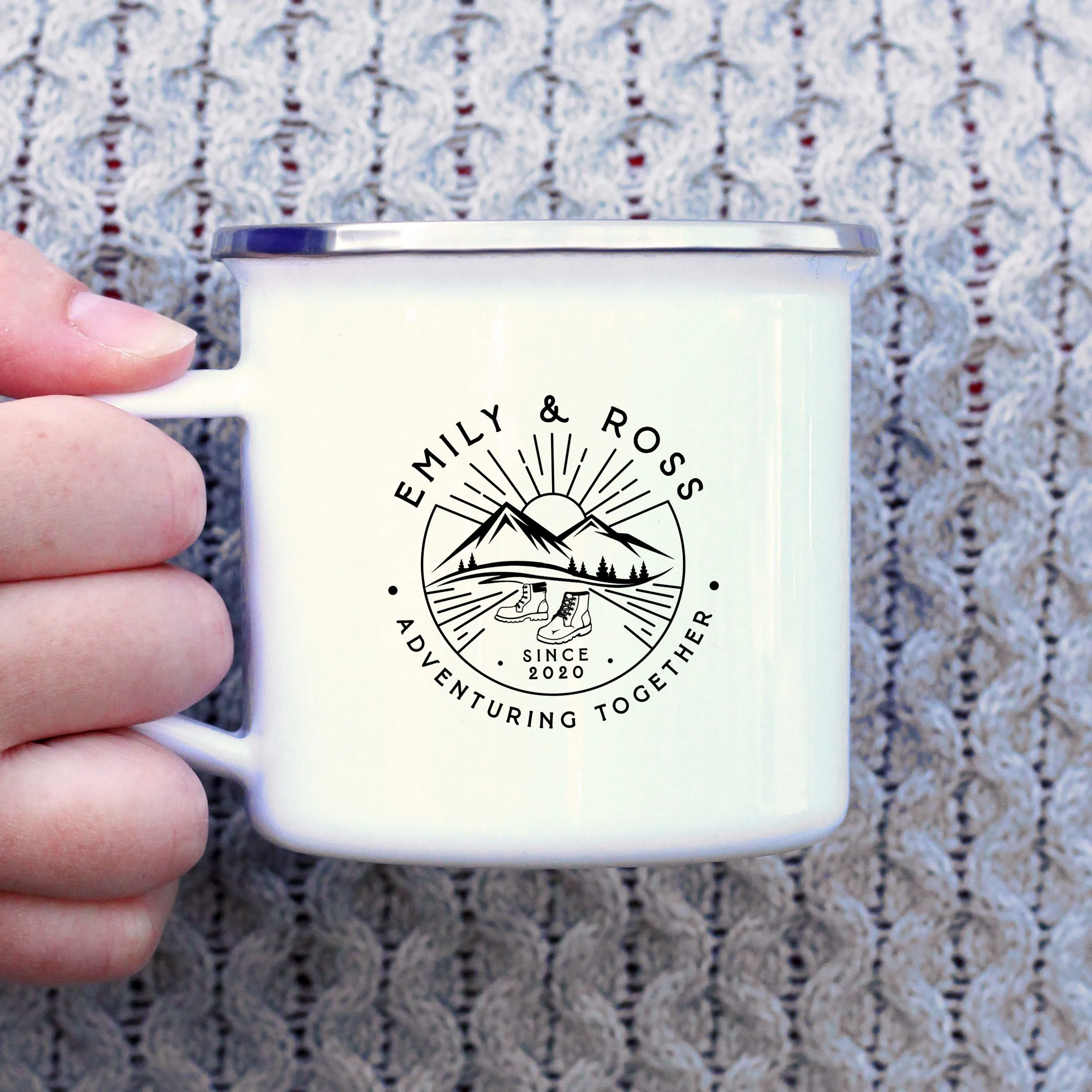 Personalised 'Adventuring Together' Mug, 13 oz Metal Enamel Mug - Walking Boots