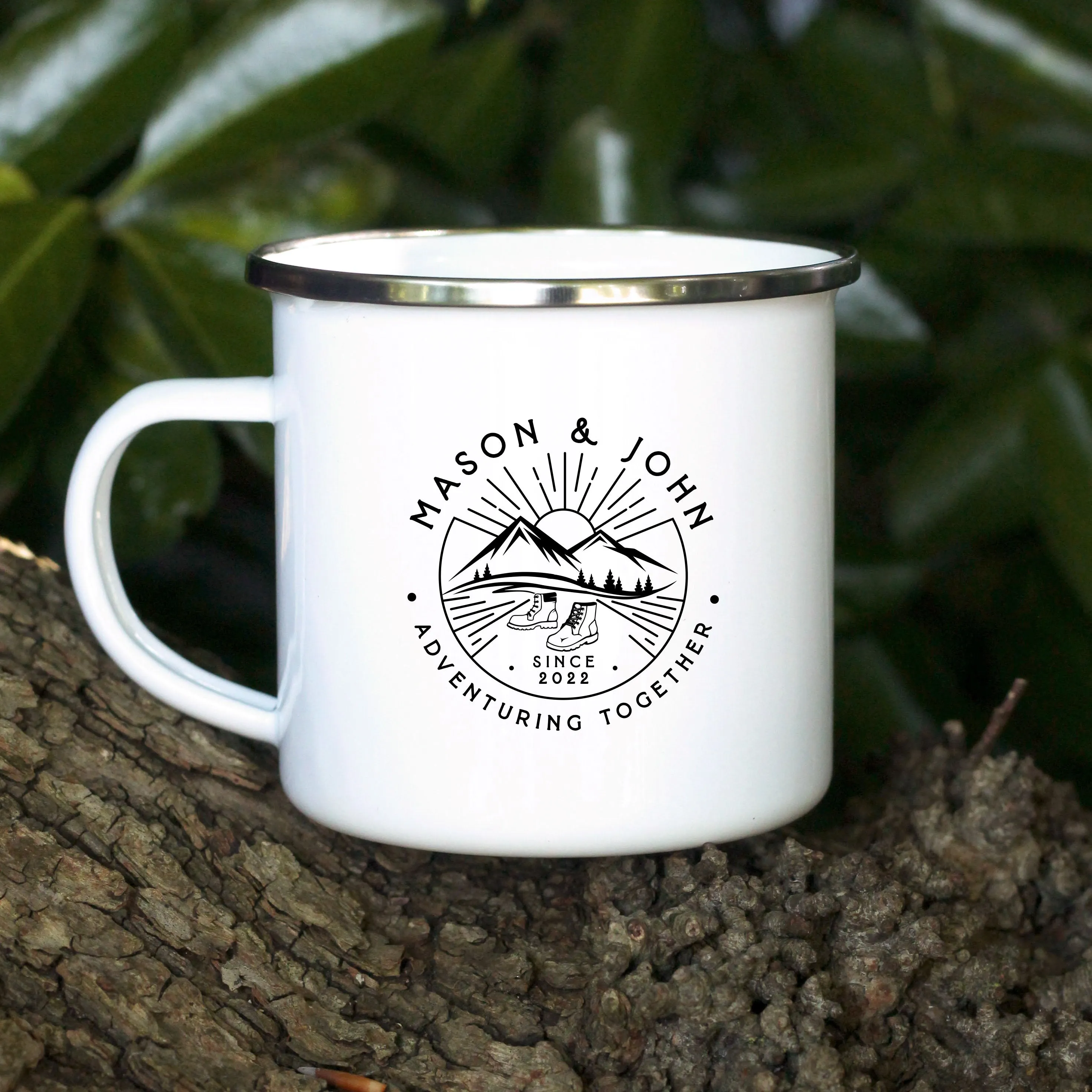 Personalised 'Adventuring Together' Mug, 13 oz Metal Enamel Mug - Walking Boots