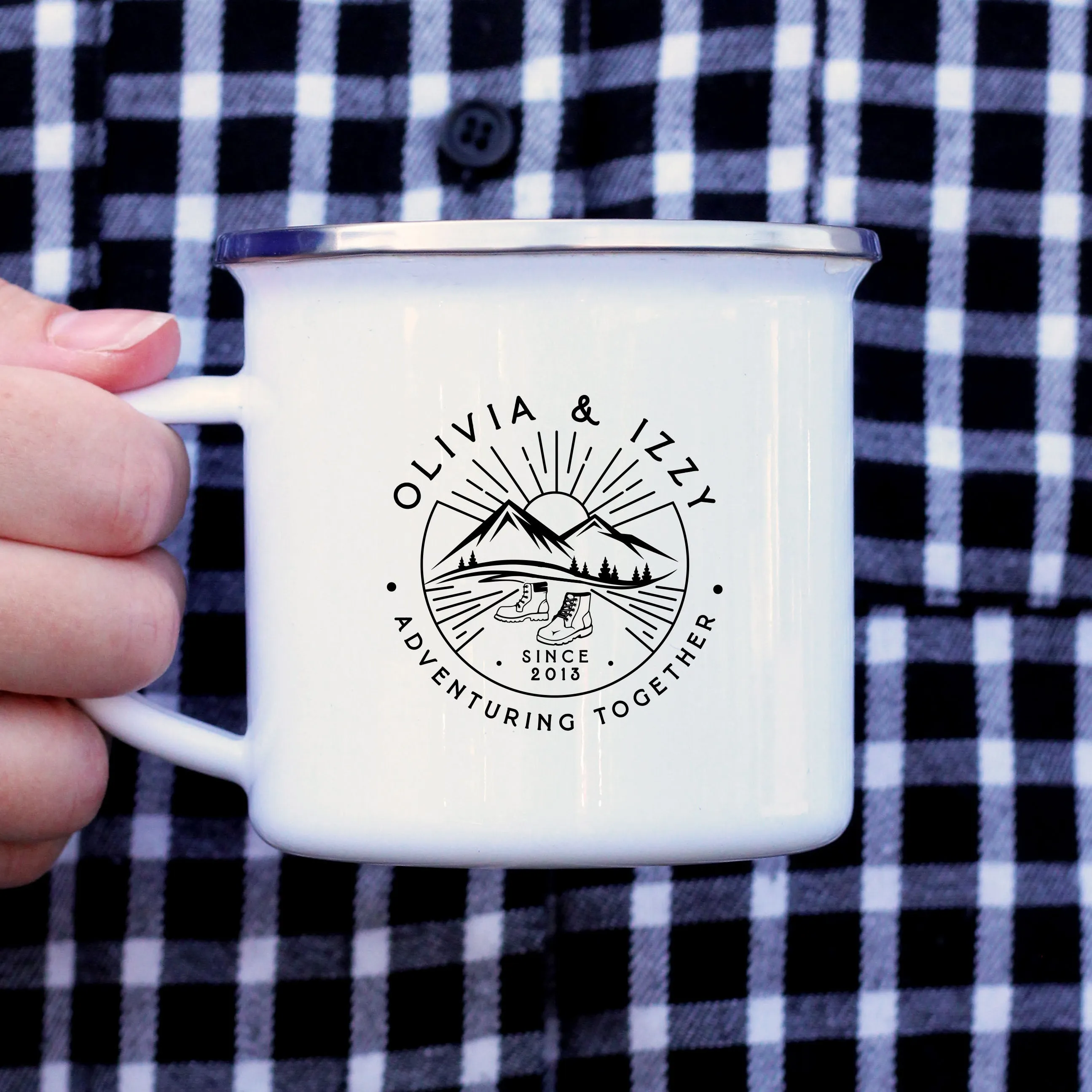 Personalised 'Adventuring Together' Mug, 13 oz Metal Enamel Mug - Walking Boots