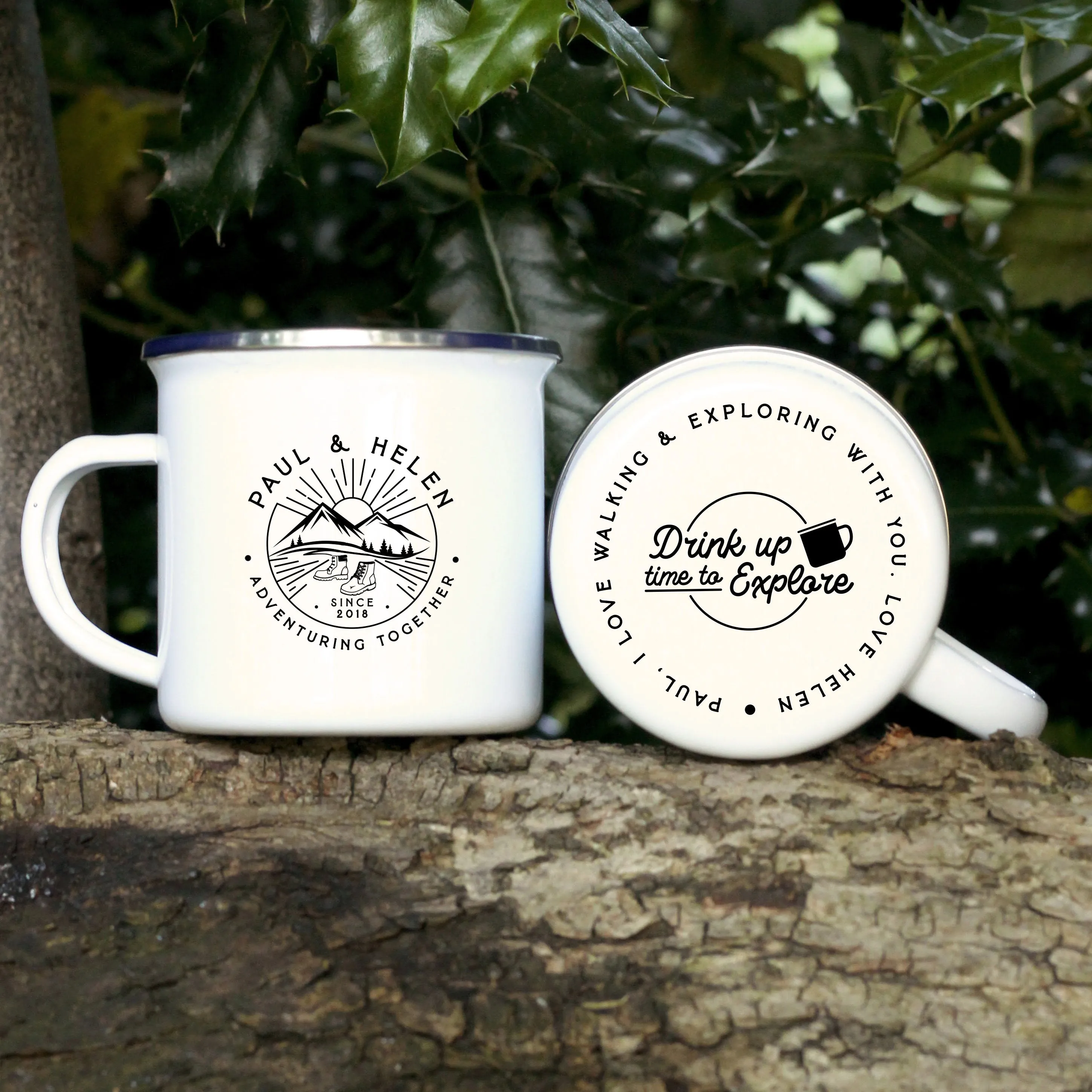 Personalised 'Adventuring Together' Mug, 13 oz Metal Enamel Mug - Walking Boots