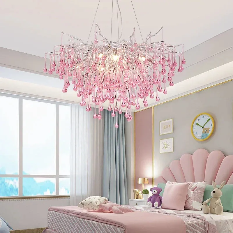 Pink Crystal Chandelier for Children's Room by Mansion - Luxury Water Drop Ceiling Decor