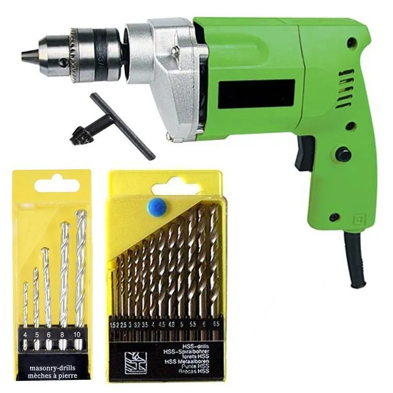 Powerful 10Mm Drill Machine   13 Pieces Hss Drill Set for Wood, Metal, Plastic and 5 Pieces Masonry Drill Set for Wall, Concrete