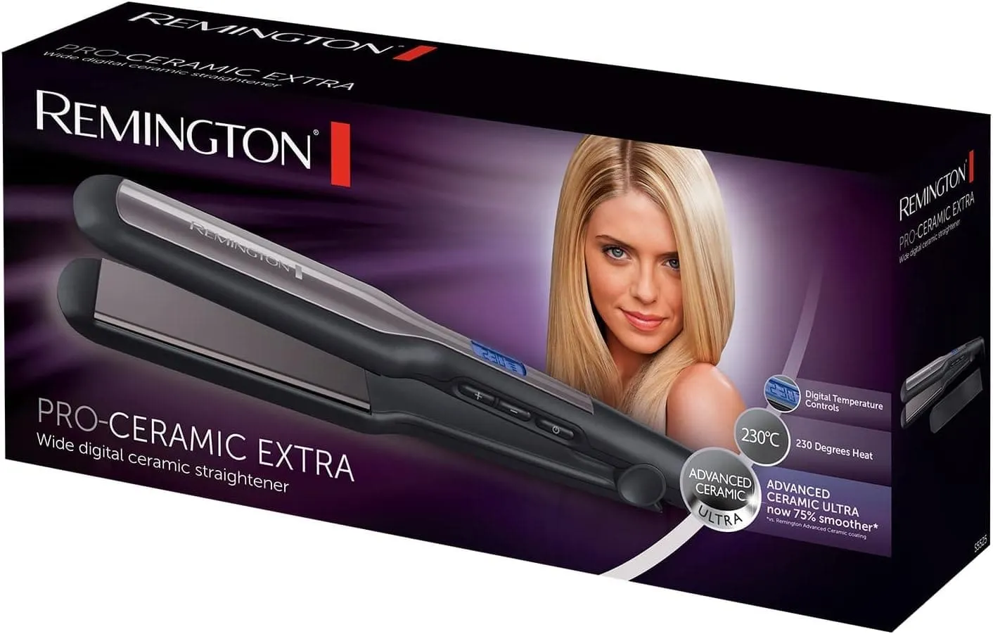 Remington Hair Straightener Advanced Ceramic coating for Sleek & smooth glide, Wide longer length 110mm floating plates, Digital display, Heat proof pouch, Up to 230°C, S5525 Black Grey