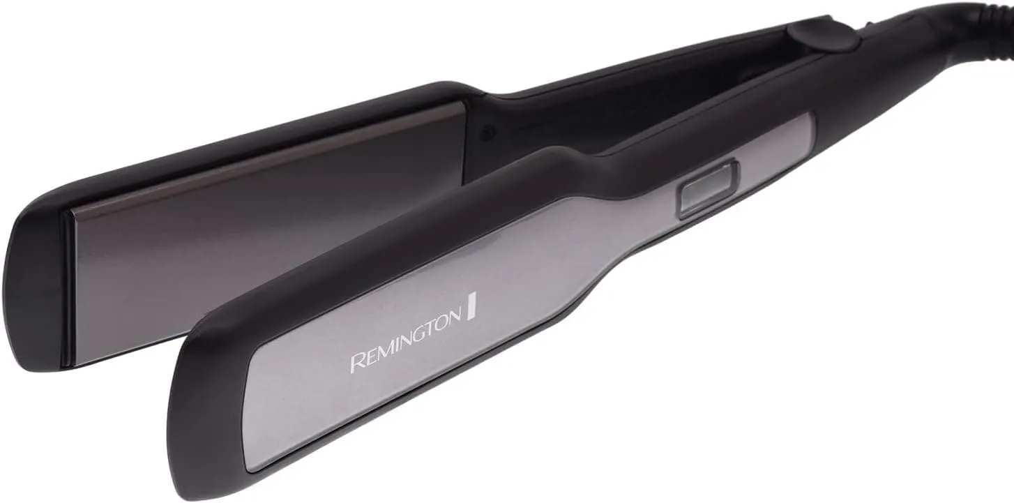 Remington Hair Straightener Advanced Ceramic coating for Sleek & smooth glide, Wide longer length 110mm floating plates, Digital display, Heat proof pouch, Up to 230°C, S5525 Black Grey