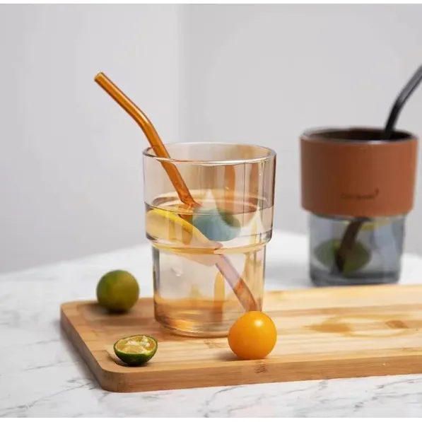 Slub Glass Drinking Cup 400ml with Straw