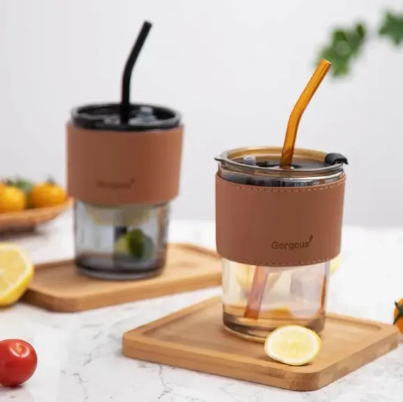 Slub Glass Drinking Cup 400ml with Straw