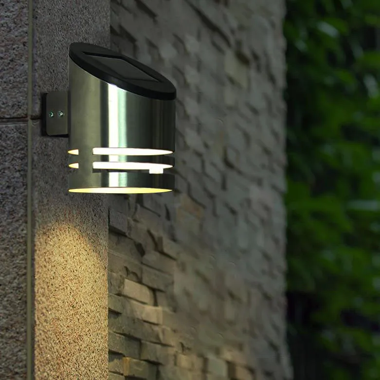 Solar Stainless Steel Cylindrical Spotlight Waterproof Patio LED Wall Sconce Lamp