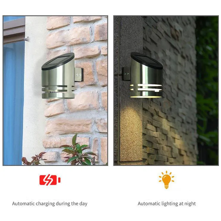 Solar Stainless Steel Cylindrical Spotlight Waterproof Patio LED Wall Sconce Lamp