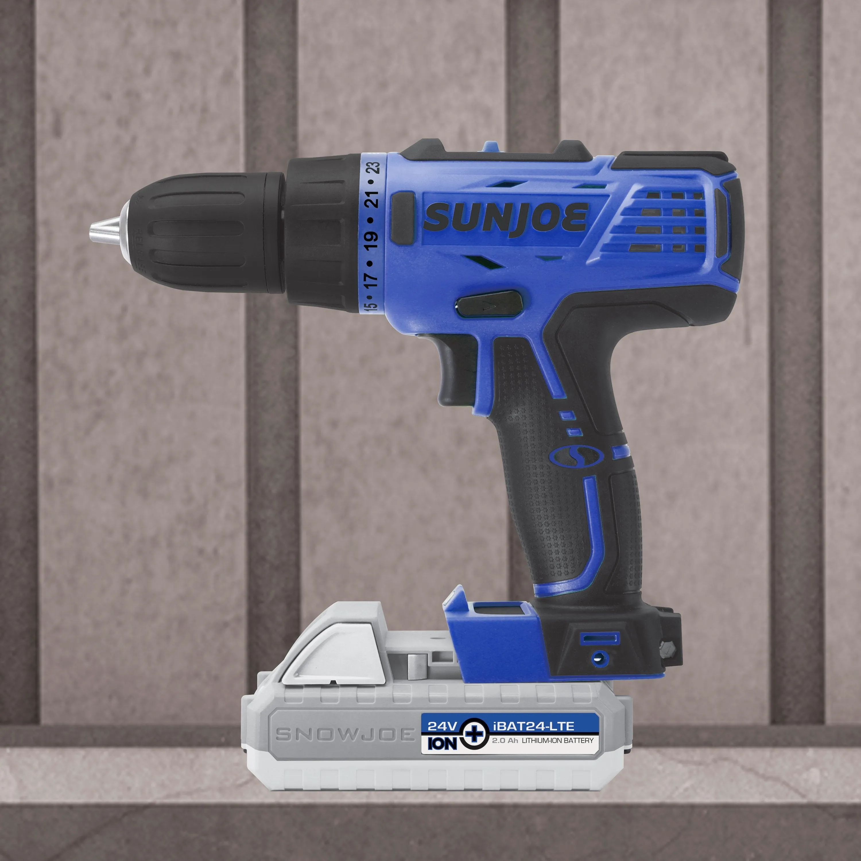 Sun Joe 24V-DD-LTE-SJB 24-Volt iON  Cordless Drill Driver Kit | W/ 2.0-Ah Battery and Charger (Blue)