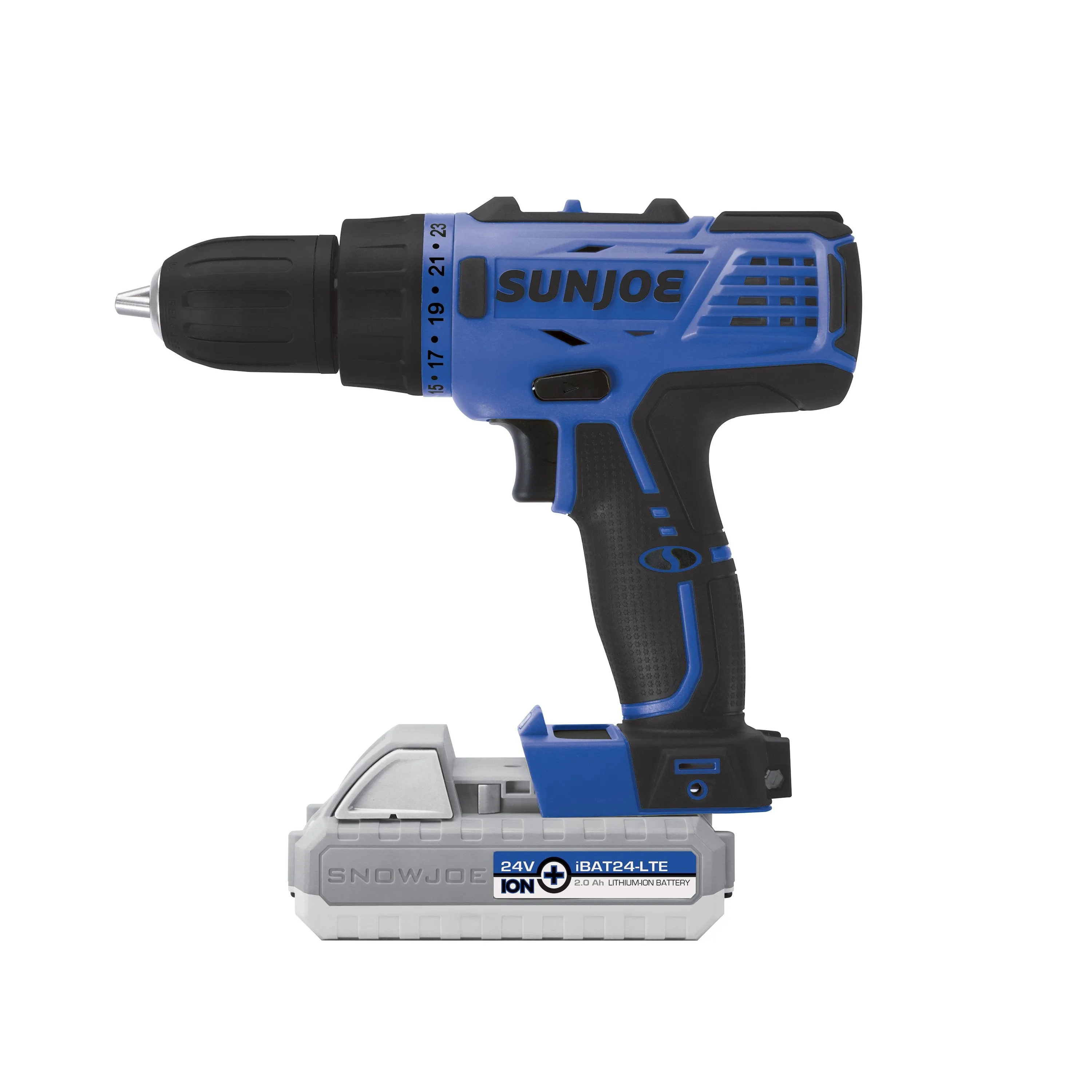 Sun Joe 24V-DD-LTE-SJB 24-Volt iON  Cordless Drill Driver Kit | W/ 2.0-Ah Battery and Charger (Blue)