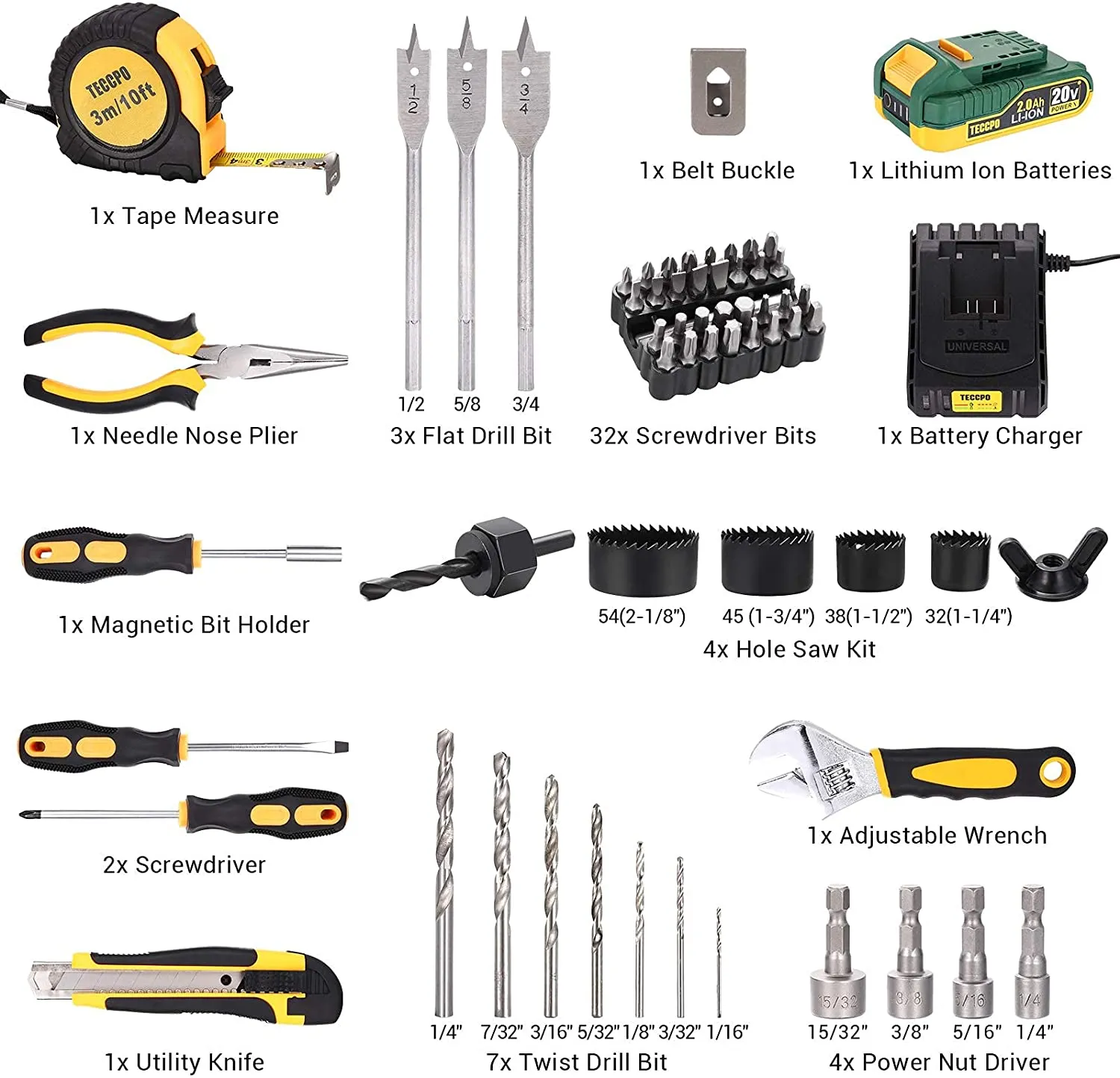 TECCPO Cordless Drill Set, 63Pcs Power Drill Set, Drill with 310 In-lbs, 2-Speed, 21 1 Torque Setting, 2.0Ah Battery & Fast Charger, Tool Kit with Drill, Drill Kit Tool Set for General Household - BHD100D