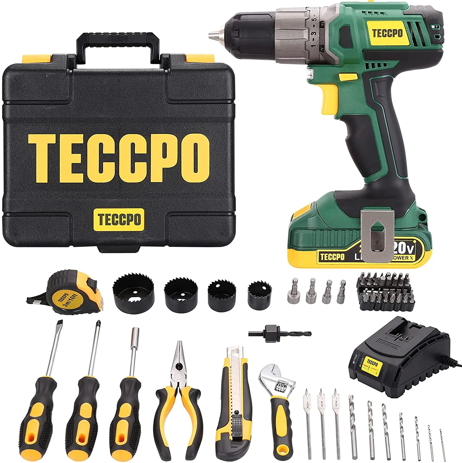 TECCPO Cordless Drill Set, 63Pcs Power Drill Set, Drill with 310 In-lbs, 2-Speed, 21 1 Torque Setting, 2.0Ah Battery & Fast Charger, Tool Kit with Drill, Drill Kit Tool Set for General Household - BHD100D